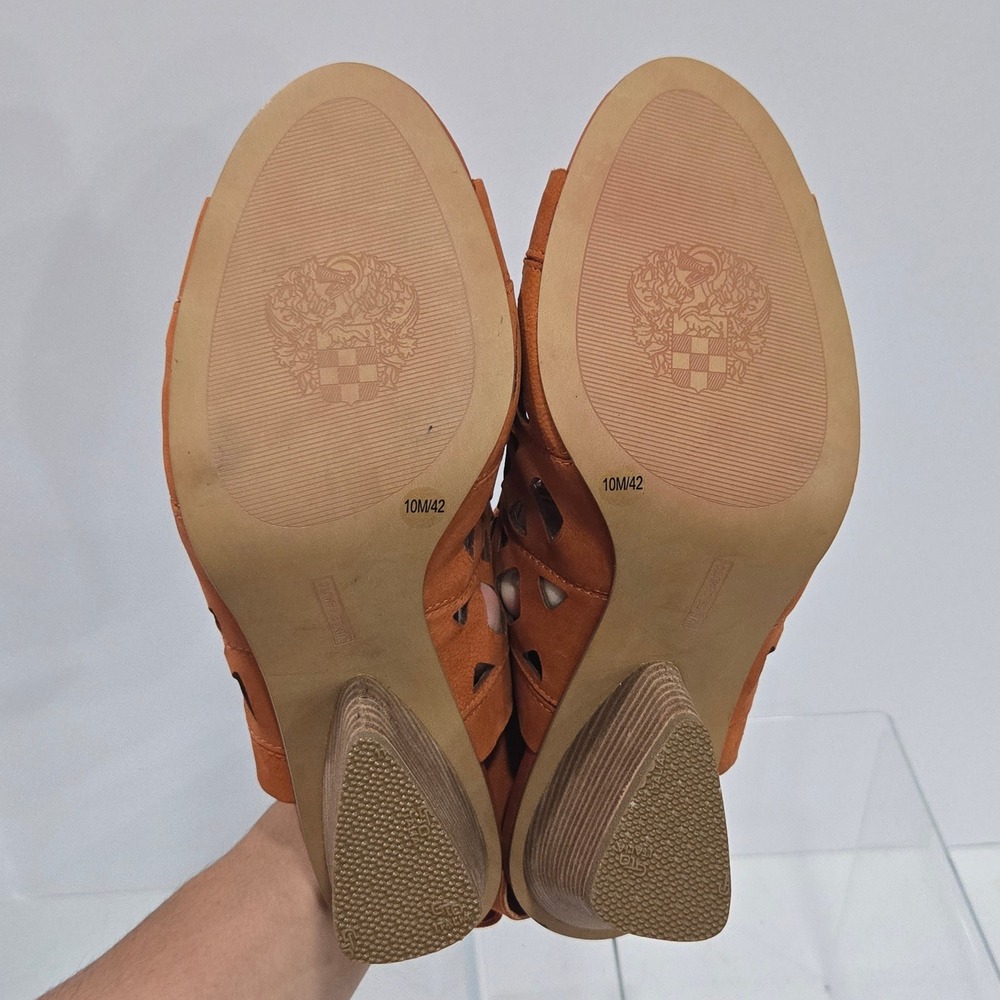 Vince Camuto VC-Deverly Leather Laser Cut Block Heel Sandals Orange Tan Size 10M - Picture 7 of 10